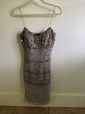 Aidan Mattox Silver Sequin Spaghetti Strap Midi Dress